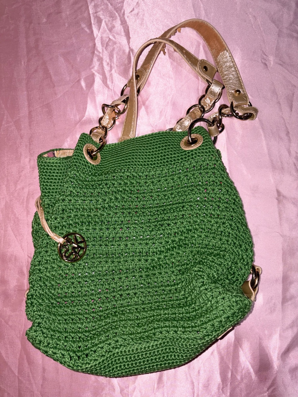The Sak Green Knit Shoulder Bag with Gold Chain Accents
